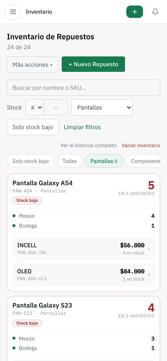 Inventario en el teléfono